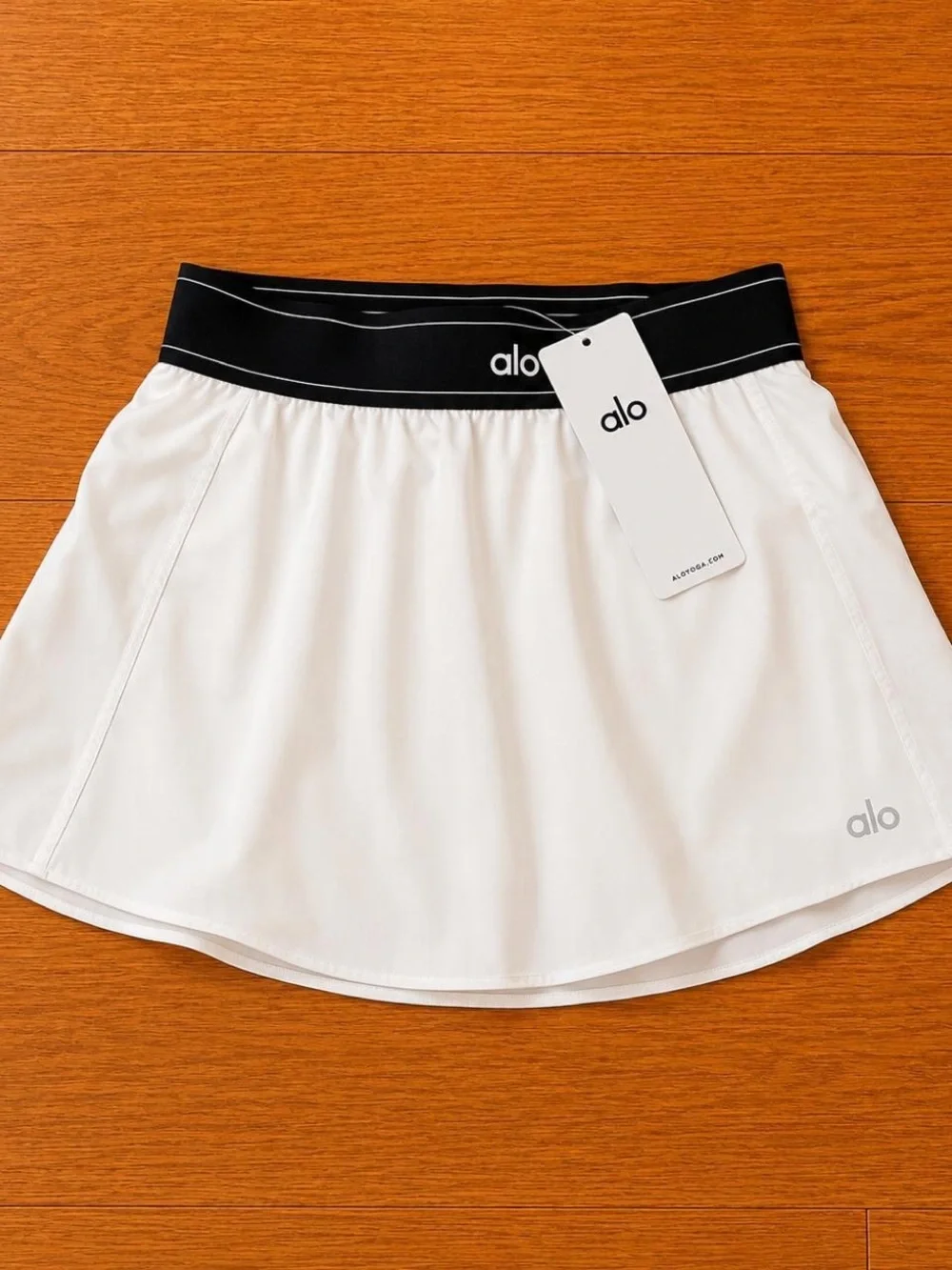 ALO Yoga White Skater Skirt with Black Elastic Waistband